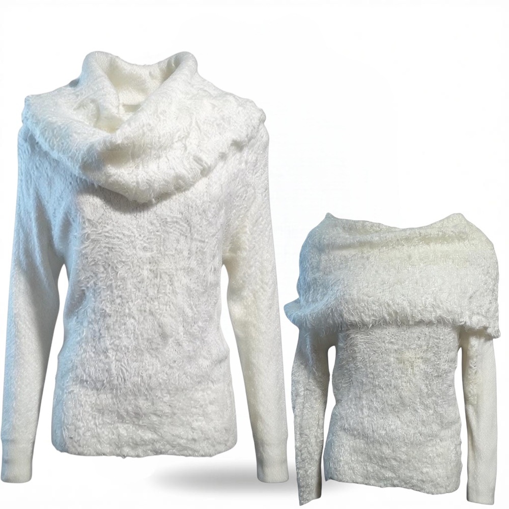 Bebe Sweater off the shoulder or cowl White Size L Fuzzy Soft Party Vintage EUC